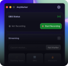 The dock with a Streaming preset loaded, showing marker buttons including Starting Soon and BRB.