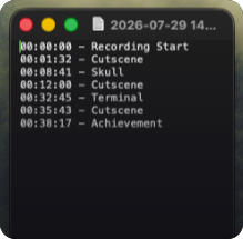 A plain-text file named with a date and time, listing marker lines such as 00:01:32 Cutscene, 00:08:41 Skull, and 00:38:17 Achievement.