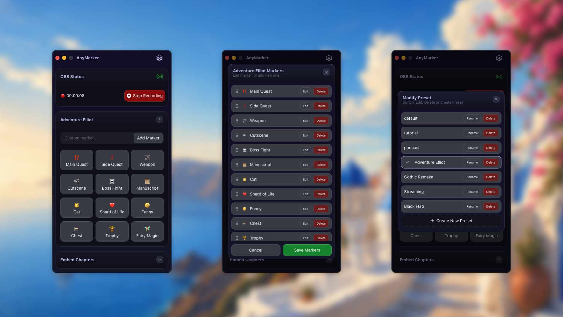 Three views of AnyMarker: the recording dock with a timer and marker buttons, the marker editor, and the preset list